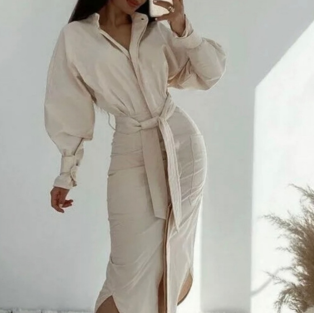 Zara Creme Belted Voluminous Dress